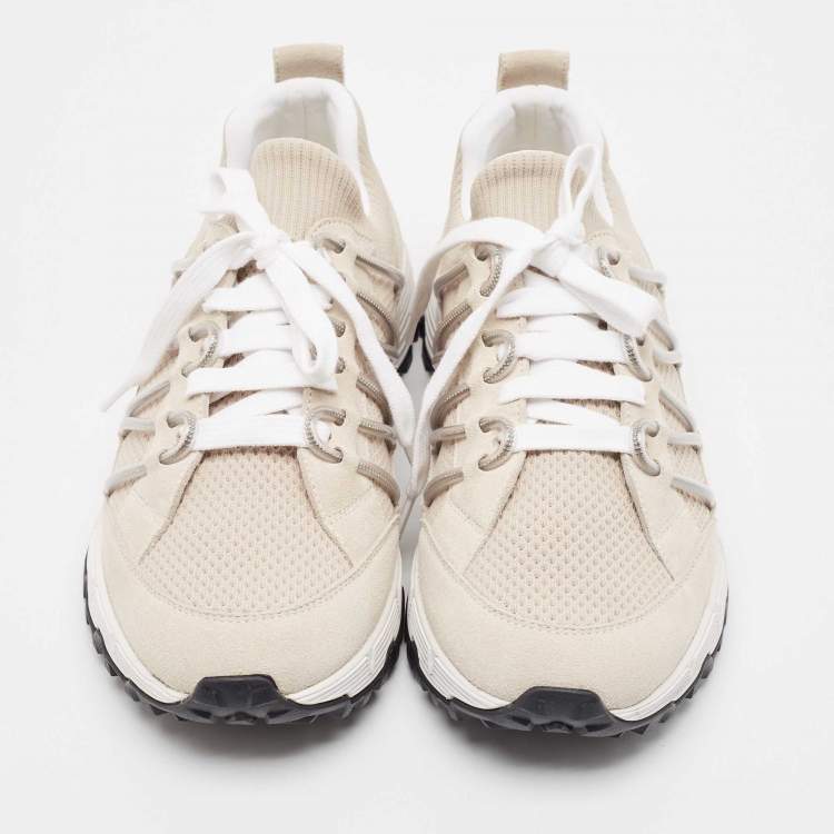 Pre Owned Brunello Cucinelli Grey/Beige Fabric and Suede Lace Up Sneakers Size 41