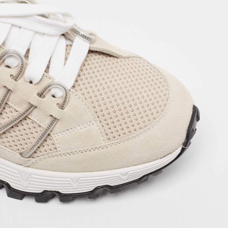 Pre Owned Brunello Cucinelli Grey/Beige Fabric and Suede Lace Up Sneakers Size 41