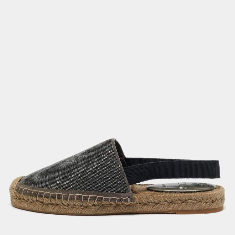 Pre Owned Brunello Cucinelli Grey Metal and Suede Espadrille Slingback Flats Size 36