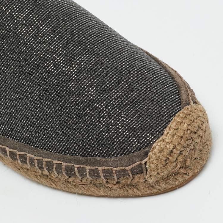 Pre Owned Brunello Cucinelli Grey Metal and Suede Espadrille Slingback Flats Size 36