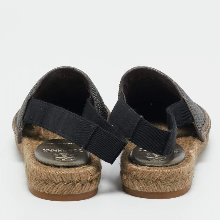 Pre Owned Brunello Cucinelli Grey Metal and Suede Espadrille Slingback Flats Size 36