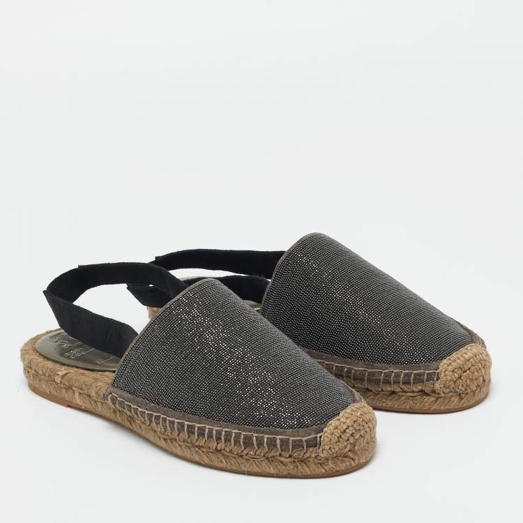 Pre Owned Brunello Cucinelli Grey Metal and Suede Espadrille Slingback Flats Size 36