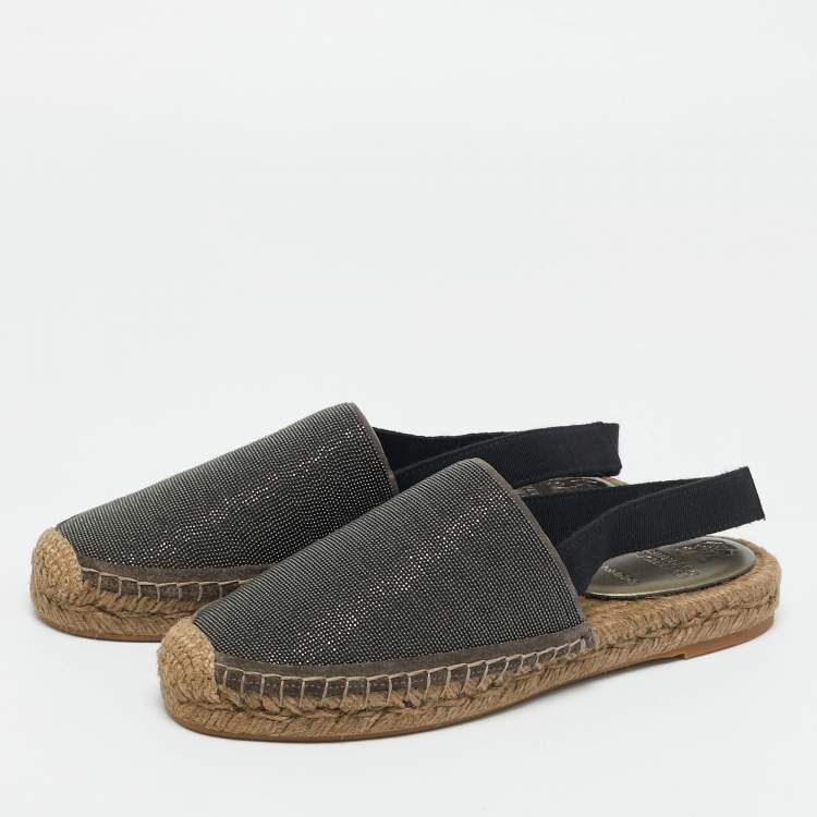 Pre Owned Brunello Cucinelli Grey Metal and Suede Espadrille Slingback Flats Size 36