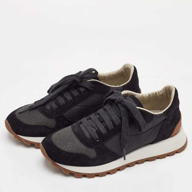 Pre Owned Brunello Cucinelli Size 36.5 Black Nylon and Suede Low Embellished Top Sneakers