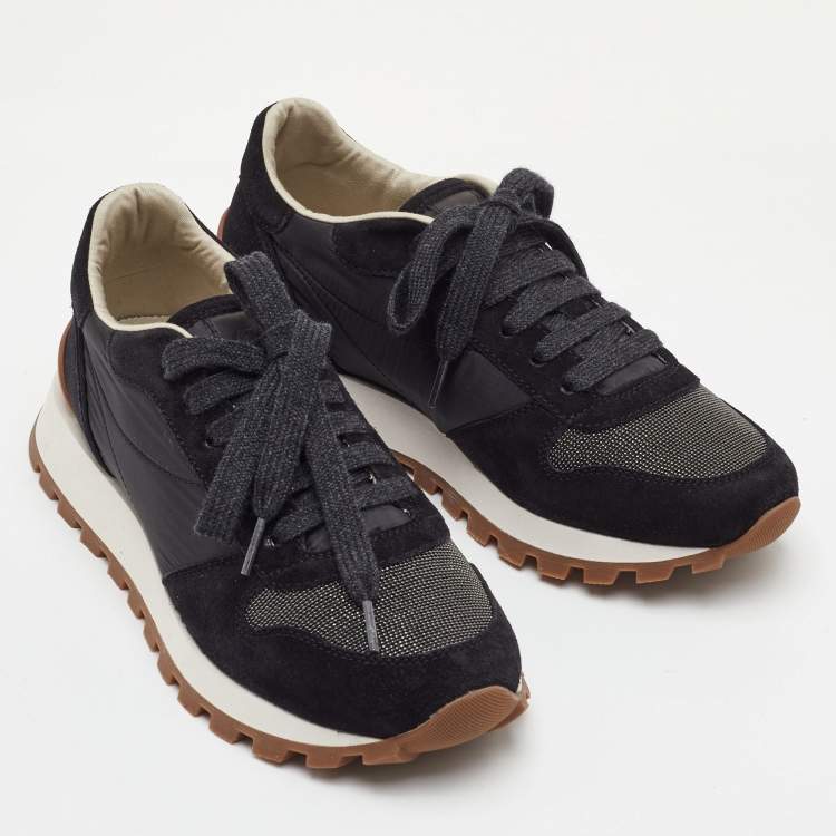 Pre Owned Brunello Cucinelli Size 36.5 Black Nylon and Suede Low Embellished Top Sneakers