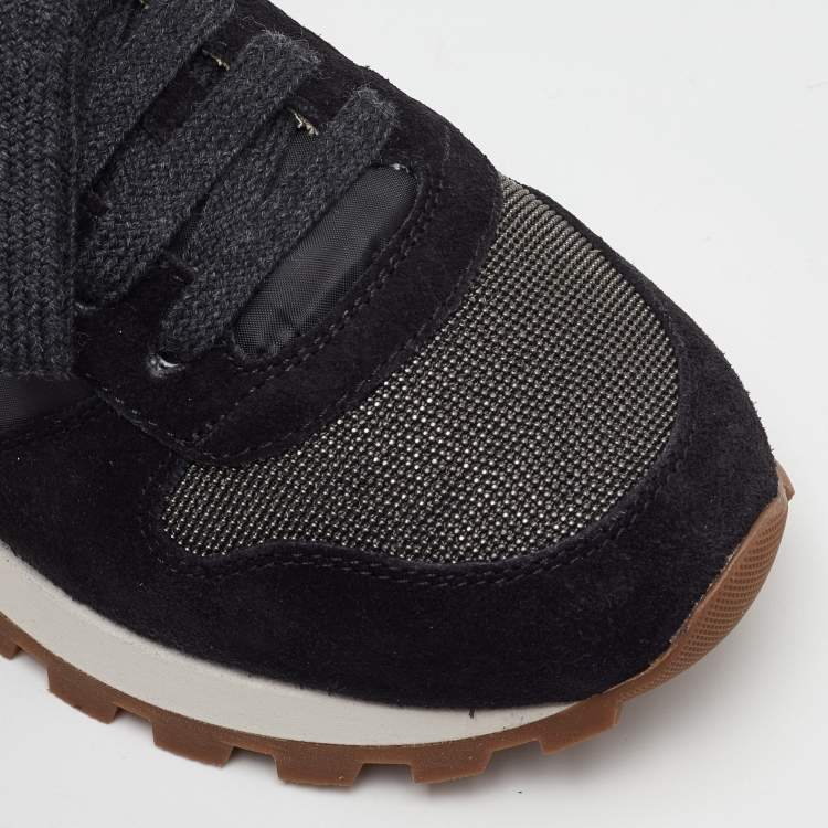Pre Owned Brunello Cucinelli Size 36.5 Black Nylon and Suede Low Embellished Top Sneakers