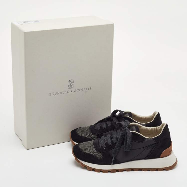 Pre Owned Brunello Cucinelli Size 36.5 Black Nylon and Suede Low Embellished Top Sneakers