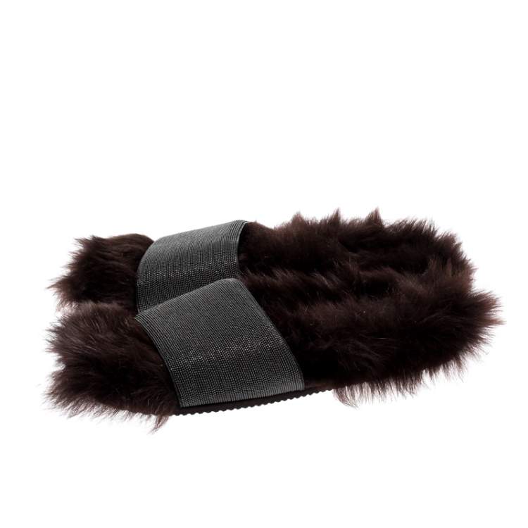 Pre Owned Brunello Cucinelli Brown Monili Bead And Shearling Slip On Slides Size 39