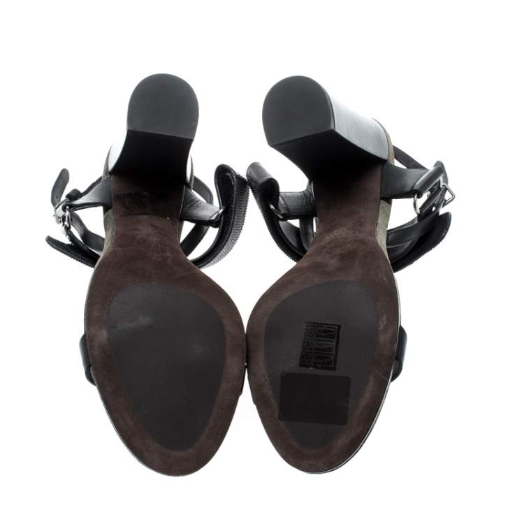 Pre Owned Brunello Cucinelli Black Leather Bead Detail Ankle Strap Sandals Size 39