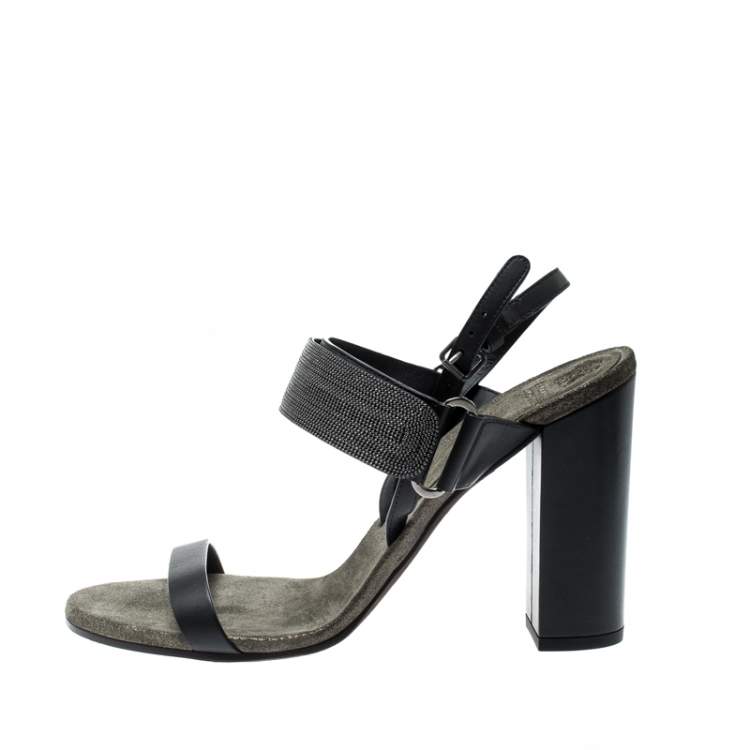 Pre Owned Brunello Cucinelli Black Leather Bead Detail Ankle Strap Sandals Size 39