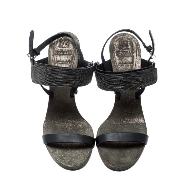 Pre Owned Brunello Cucinelli Black Leather Bead Detail Ankle Strap Sandals Size 39