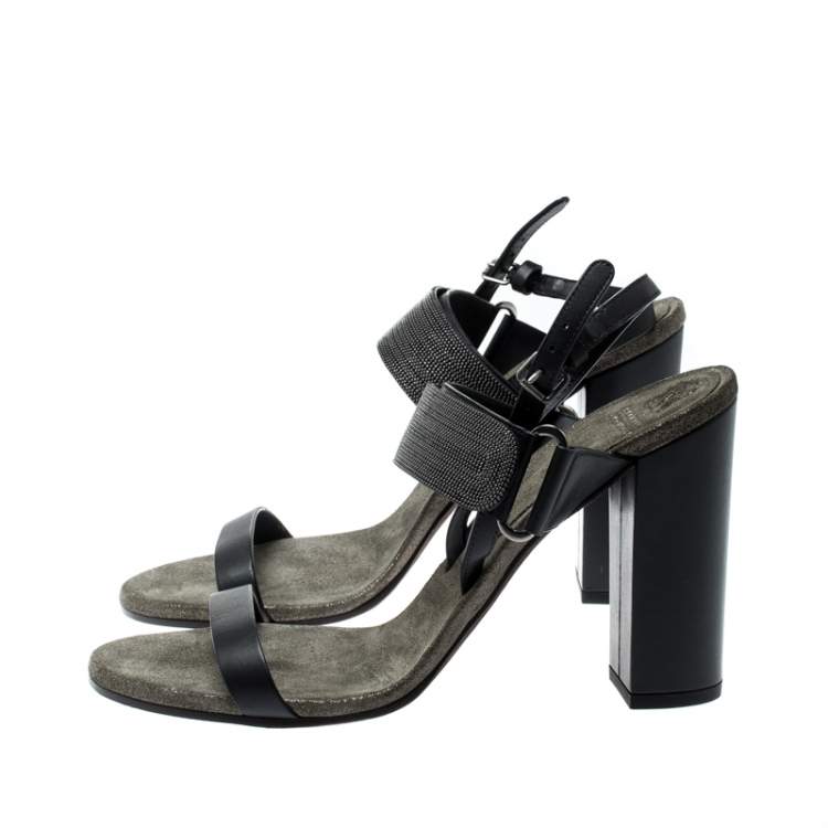 Pre Owned Brunello Cucinelli Black Leather Bead Detail Ankle Strap Sandals Size 39