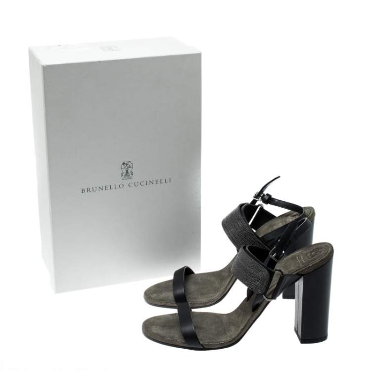 Pre Owned Brunello Cucinelli Black Leather Bead Detail Ankle Strap Sandals Size 39