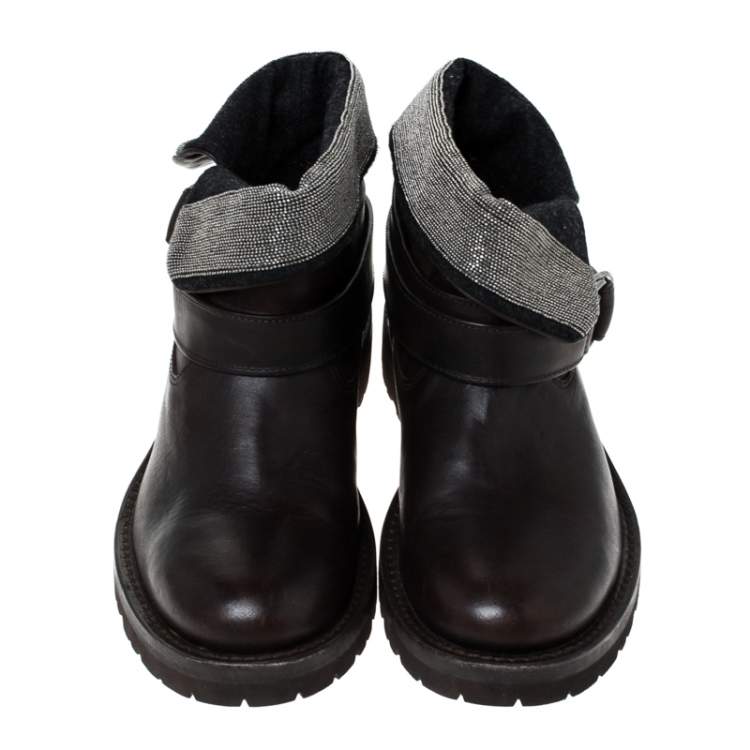 Pre Owned Brunello Cucinelli Brown Leather Embellished Foldover Ankle Boots Size 38