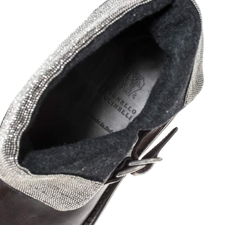 Pre Owned Brunello Cucinelli Brown Leather Embellished Foldover Ankle Boots Size 38