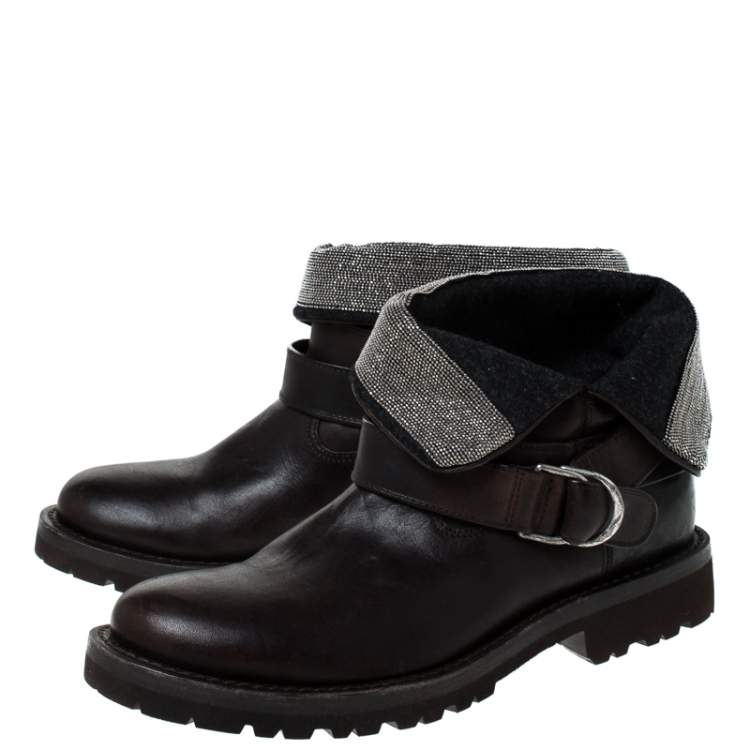 Pre Owned Brunello Cucinelli Brown Leather Embellished Foldover Ankle Boots Size 38
