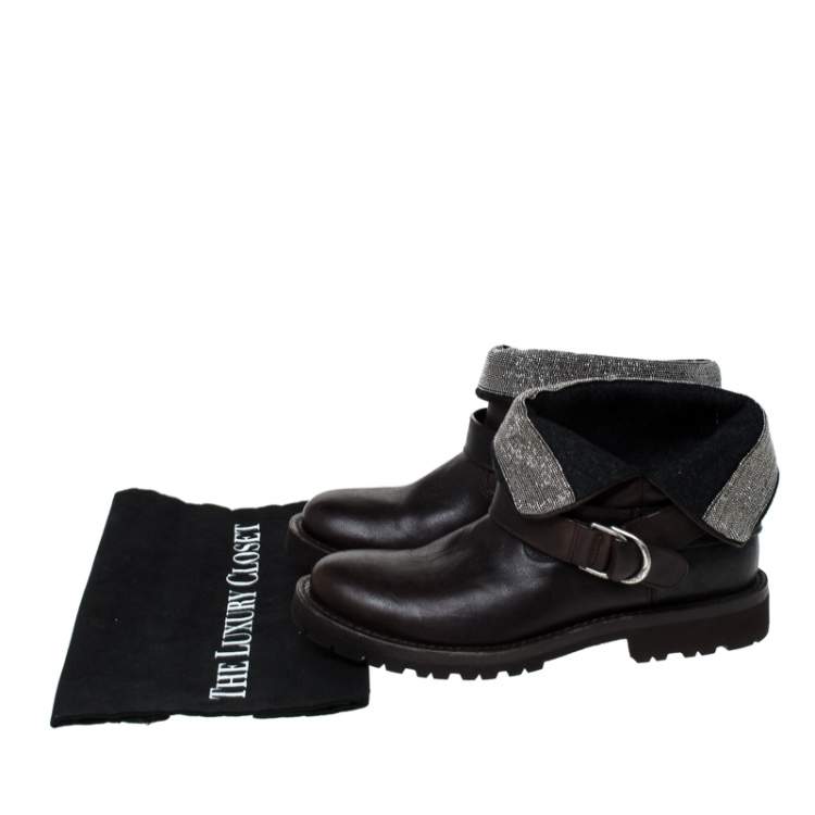 Pre Owned Brunello Cucinelli Brown Leather Embellished Foldover Ankle Boots Size 38