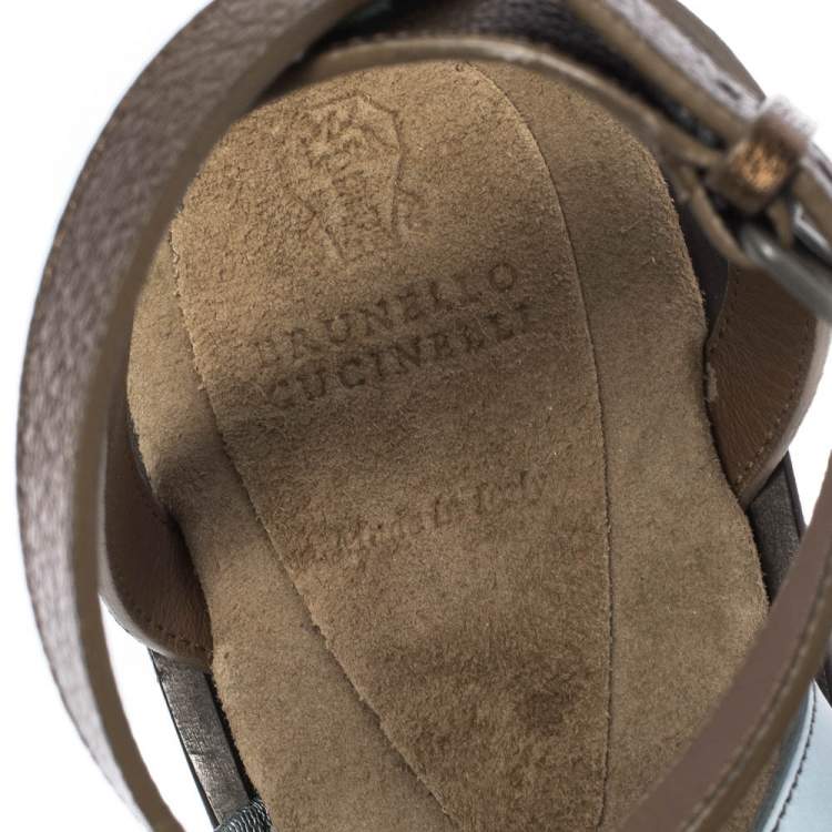 Pre Owned Brunello Cucinelli Multicolor Leather And Fabric Monile Crossover Ankle Strap Flats Size 39