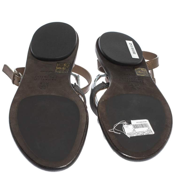 Pre Owned Brunello Cucinelli Multicolor Leather And Fabric Monile Crossover Ankle Strap Flats Size 39