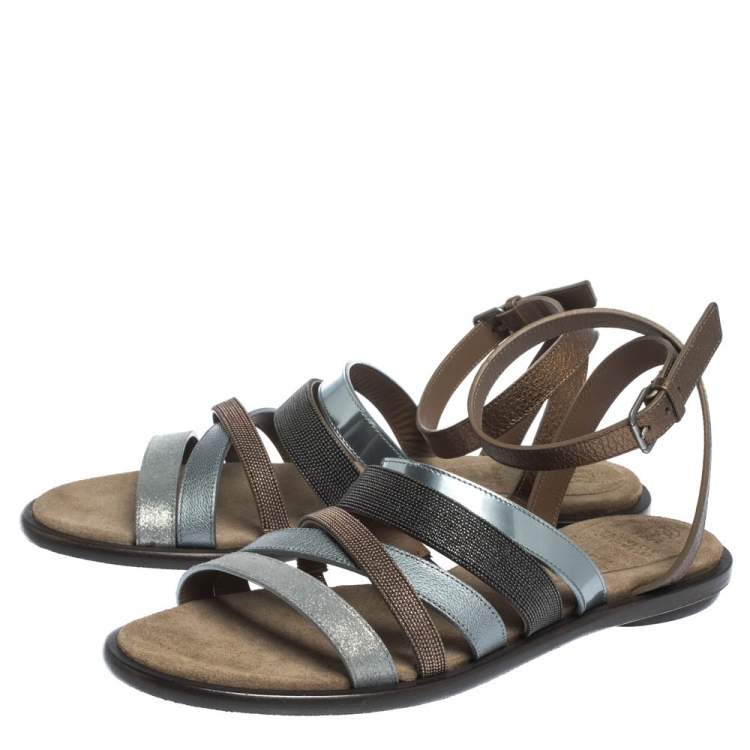 Pre Owned Brunello Cucinelli Multicolor Leather And Fabric Monile Crossover Ankle Strap Flats Size 39