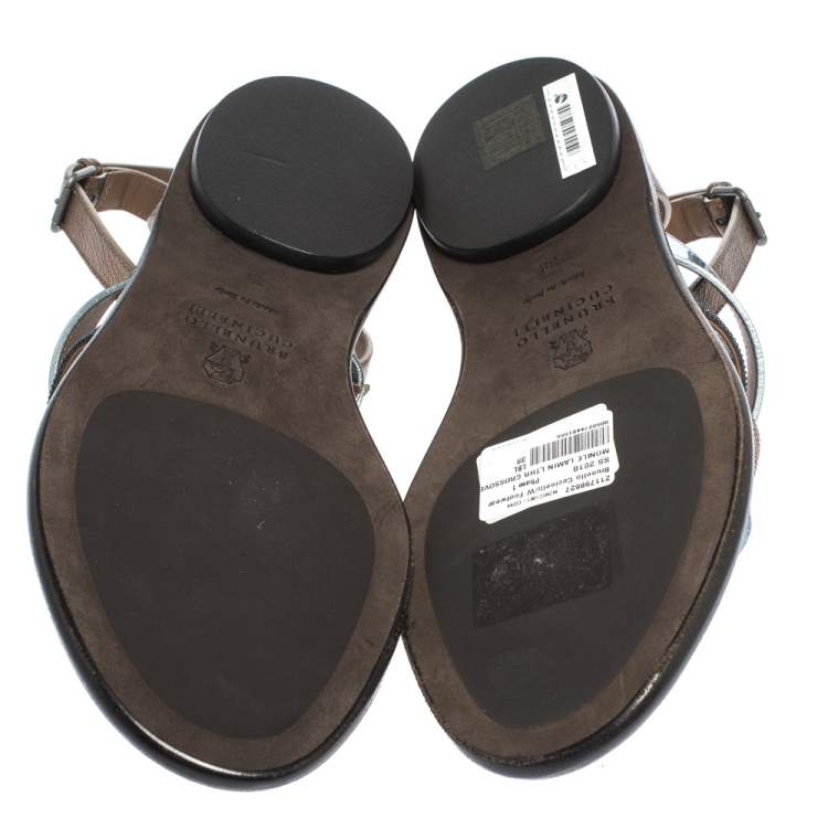 Pre Owned Brunello Cucinelli Multicolor Leather And Beads Strappy Flat Sandals Size 38