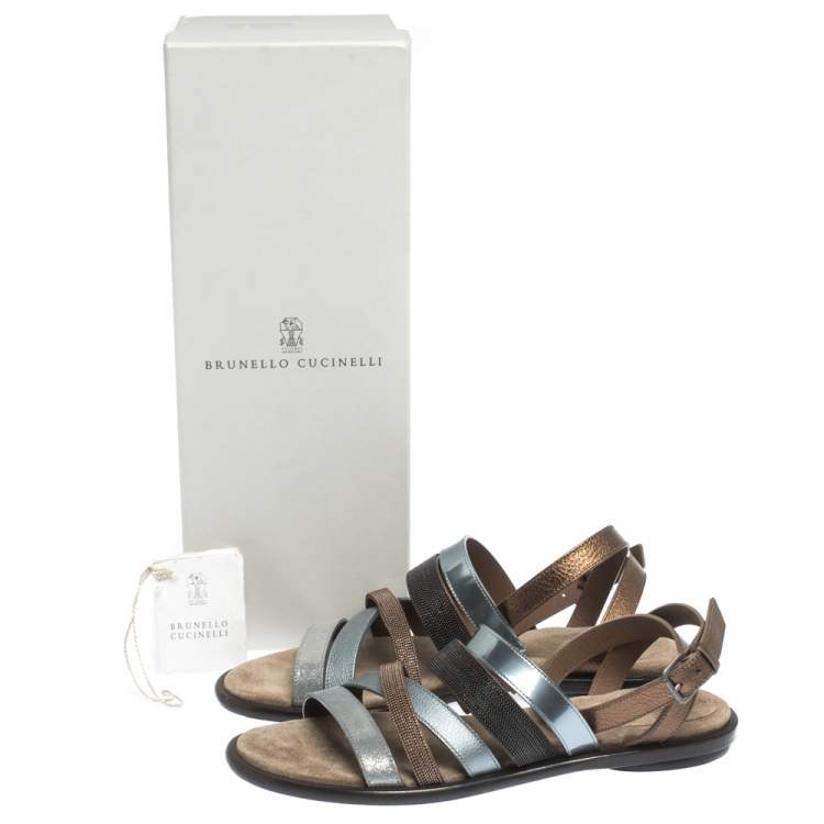 Pre Owned Brunello Cucinelli Multicolor Leather And Beads Strappy Flat Sandals Size 38