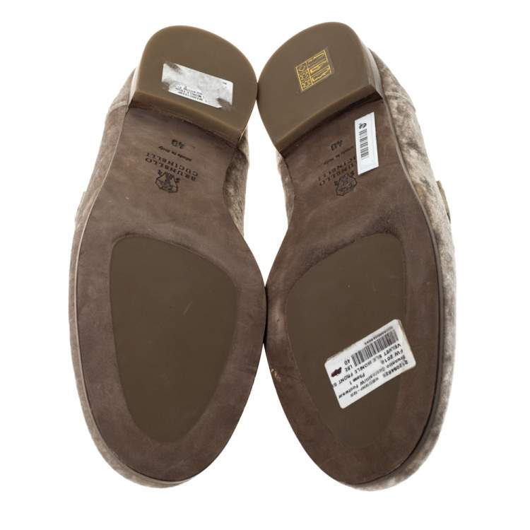 Pre Owned Brunello Cucinelli Metallic Beige Velvet Slip On Loafers Size 40