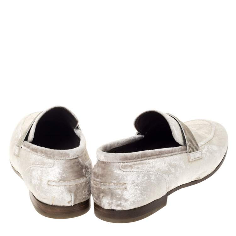Pre Owned Brunello Cucinelli Metallic Beige Velvet Slip On Loafers Size 40