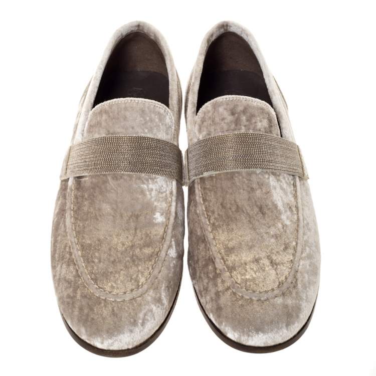 Pre Owned Brunello Cucinelli Metallic Beige Velvet Slip On Loafers Size 40