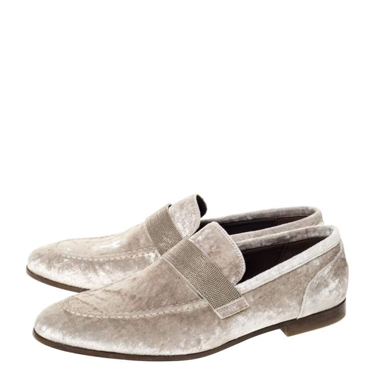 Pre Owned Brunello Cucinelli Metallic Beige Velvet Slip On Loafers Size 40
