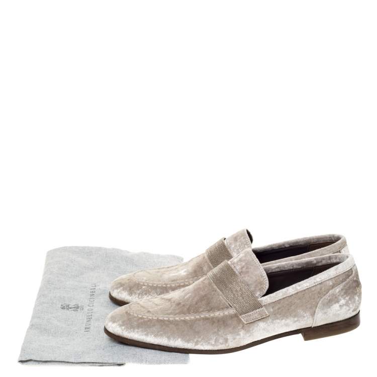 Pre Owned Brunello Cucinelli Metallic Beige Velvet Slip On Loafers Size 40