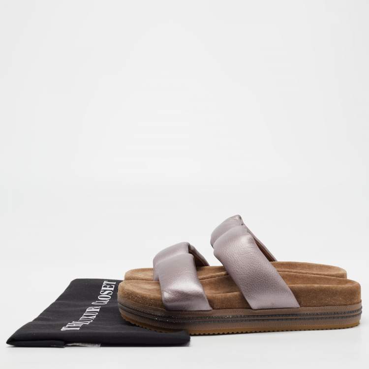Pre Owned Brunello Cucinelli Metallic Purple Leather Two Strap Slides Size 38