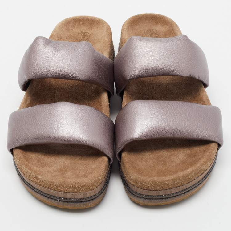 Pre Owned Brunello Cucinelli Metallic Purple Leather Two Strap Slides Size 38