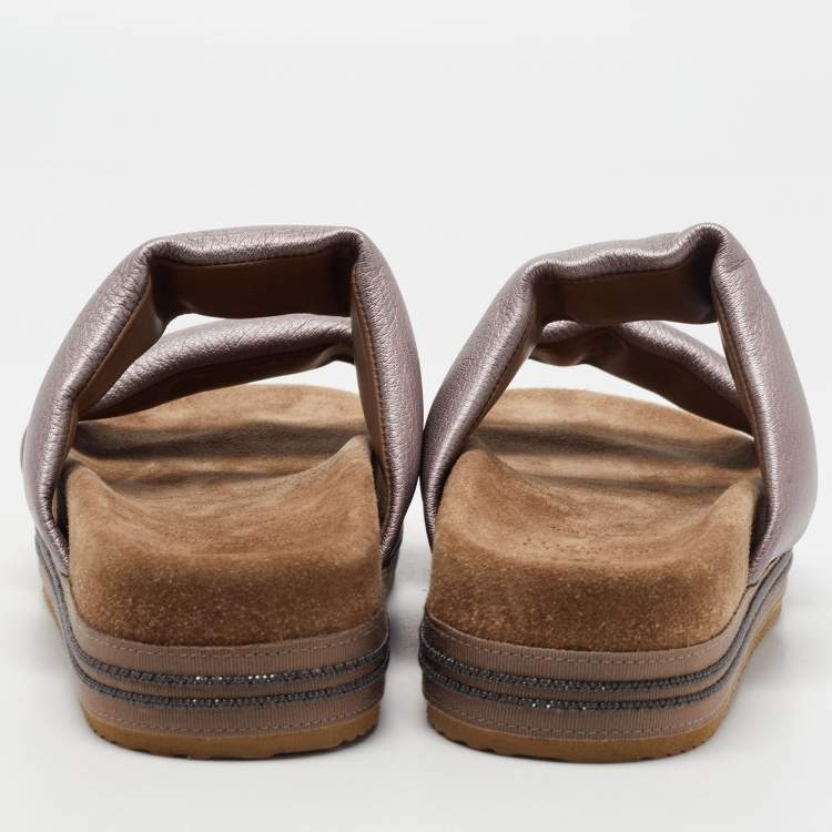 Pre Owned Brunello Cucinelli Metallic Purple Leather Two Strap Slides Size 38
