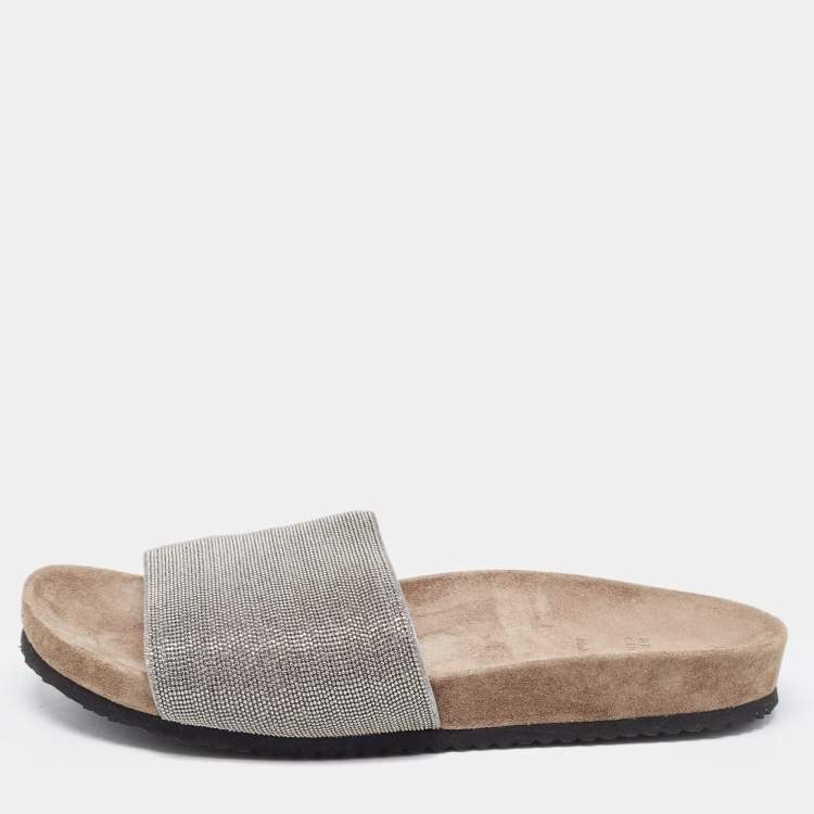 Pre Owned Brunello Cucinelli Grey Beads Monili Slides Size 39