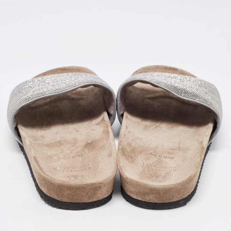 Pre Owned Brunello Cucinelli Grey Beads Monili Slides Size 39