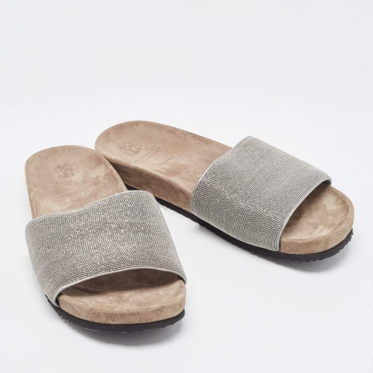 Pre Owned Brunello Cucinelli Grey Beads Monili Slides Size 39