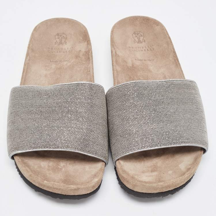 Pre Owned Brunello Cucinelli Grey Beads Monili Slides Size 39
