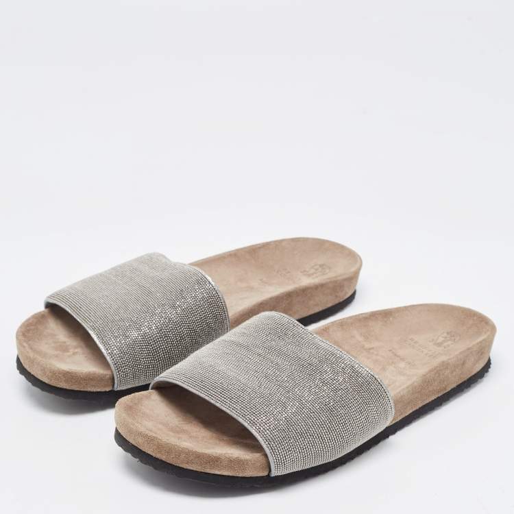 Pre Owned Brunello Cucinelli Grey Beads Monili Slides Size 39