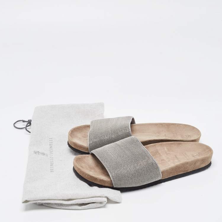Pre Owned Brunello Cucinelli Grey Beads Monili Slides Size 39
