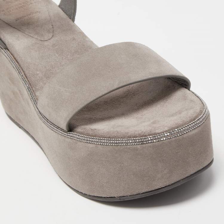 Pre Owned Brunello Cucinelli Grey  Suede Embellished Ankle Strap Wedge Sandals Size 40