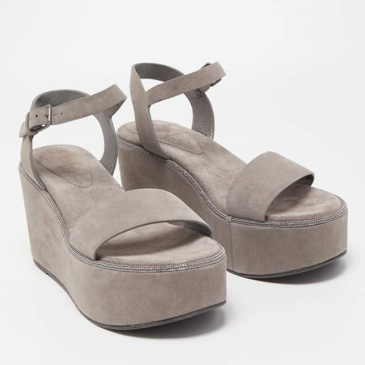 Pre Owned Brunello Cucinelli Grey  Suede Embellished Ankle Strap Wedge Sandals Size 40