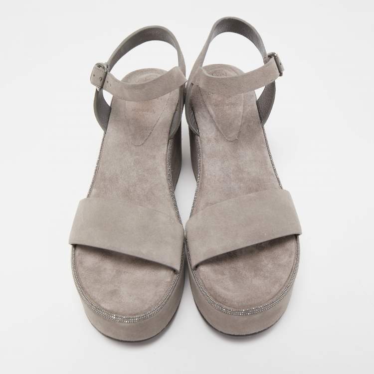 Pre Owned Brunello Cucinelli Grey  Suede Embellished Ankle Strap Wedge Sandals Size 40