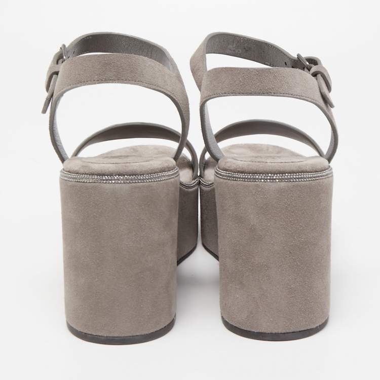 Pre Owned Brunello Cucinelli Grey  Suede Embellished Ankle Strap Wedge Sandals Size 40