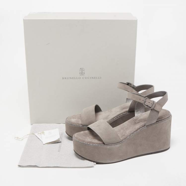 Pre Owned Brunello Cucinelli Grey  Suede Embellished Ankle Strap Wedge Sandals Size 40