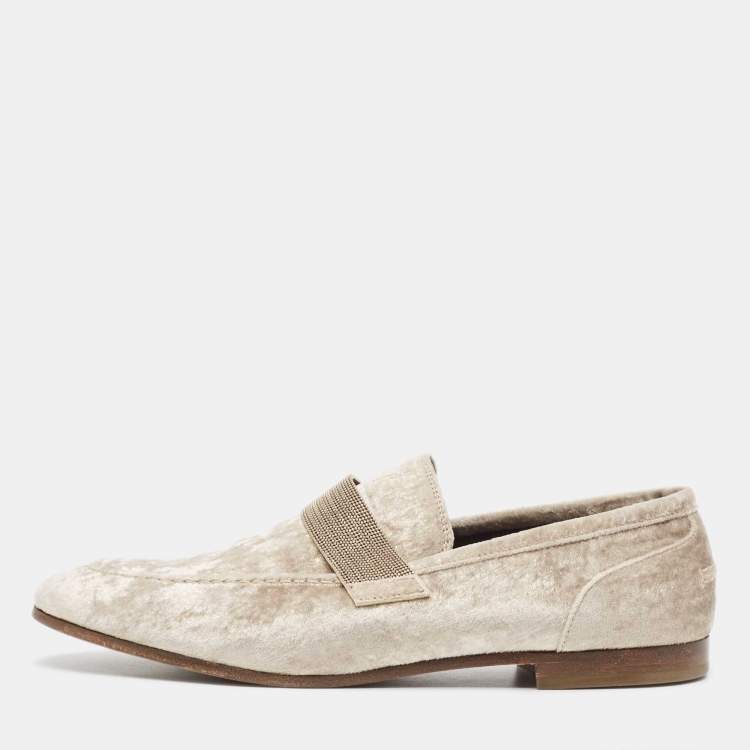 Pre Owned Brunello Cucinelli Metallic Beige Velvet Slip On Loafers Size 40