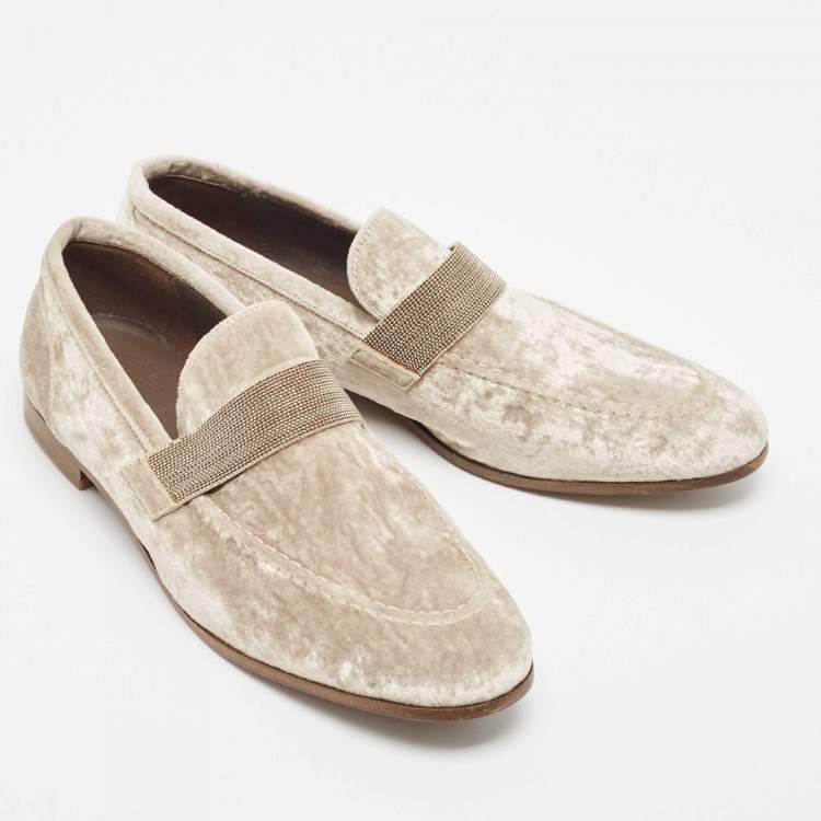 Pre Owned Brunello Cucinelli Metallic Beige Velvet Slip On Loafers Size 40