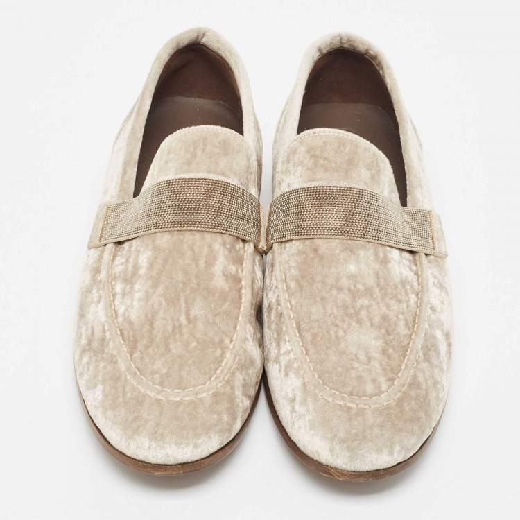 Pre Owned Brunello Cucinelli Metallic Beige Velvet Slip On Loafers Size 40
