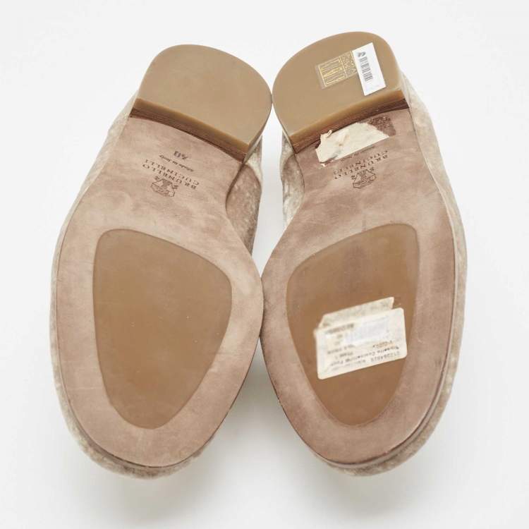 Pre Owned Brunello Cucinelli Metallic Beige Velvet Slip On Loafers Size 40