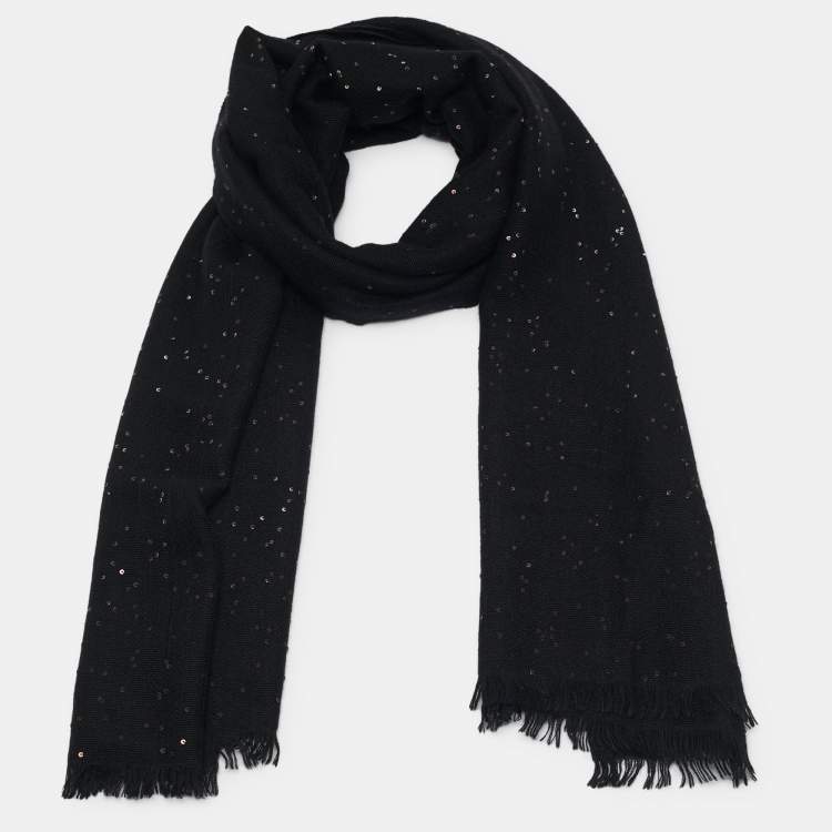 Pre Owned Brunello Cucinelli Black Sequined Cashmere & Silk Diamond Yarn Scarf